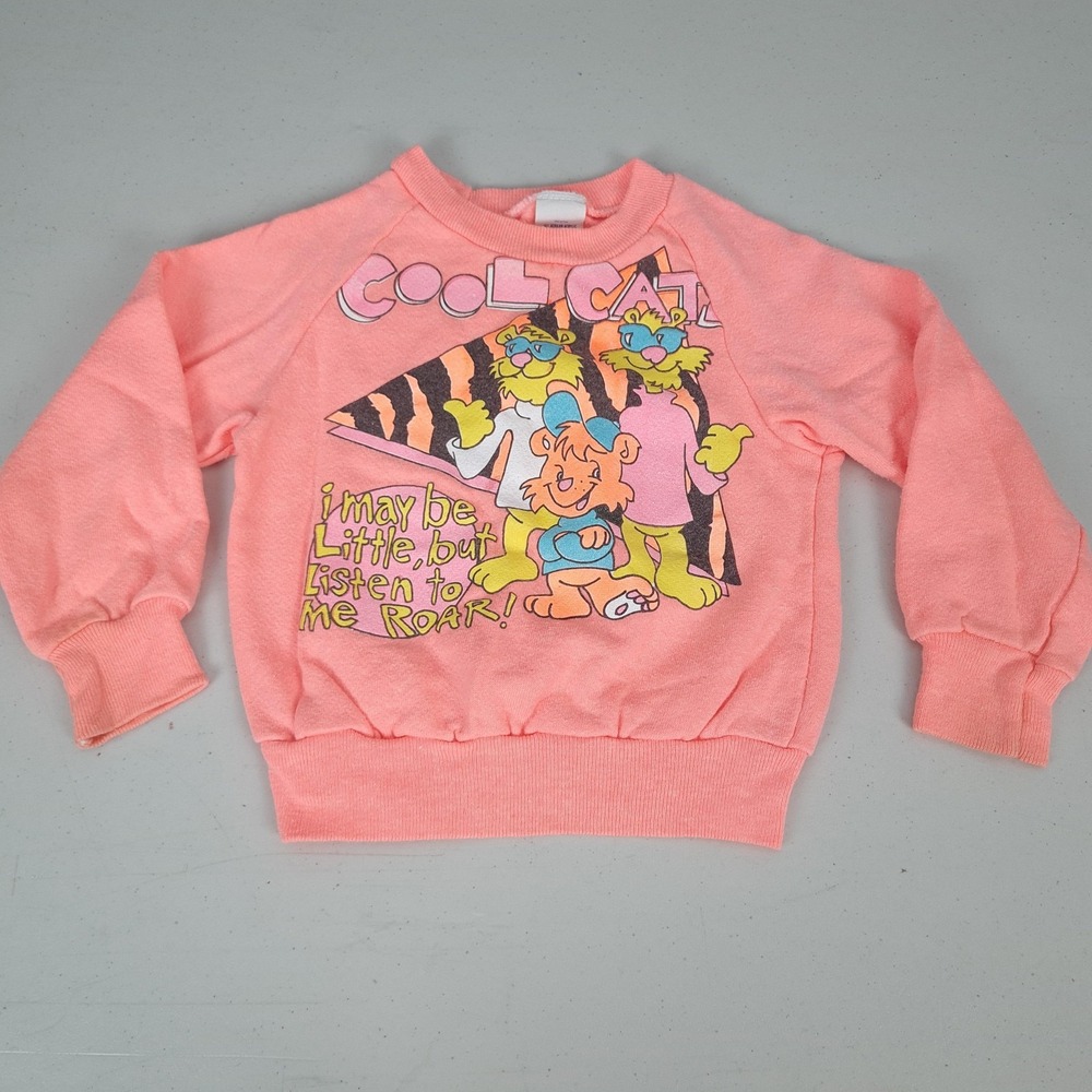 Vintage Acrilan Cool Cats Sweatshirt Kids 4 Orange Fleece Graphic 80s 90s USA